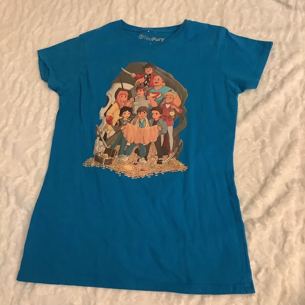 TeeFury Goonies Teal Short Sleeve Graphic Tee Womens Large Tight Fit